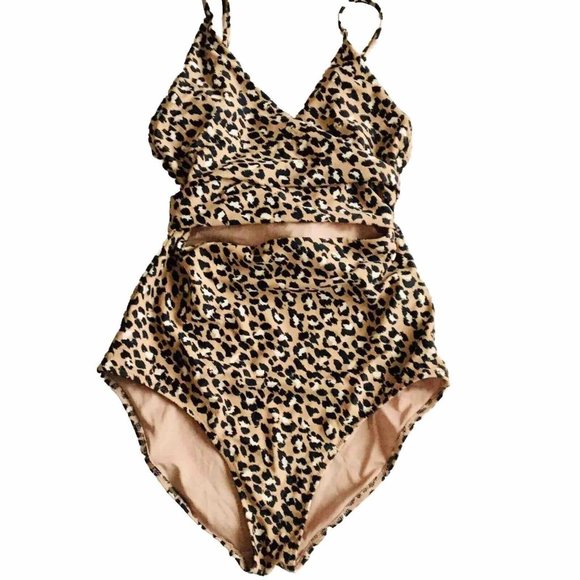 AERIE One Piece Swimsuit Bikini Brown Leopard Pattern Wrap AroundSize Small Long - Picture 4 of 8